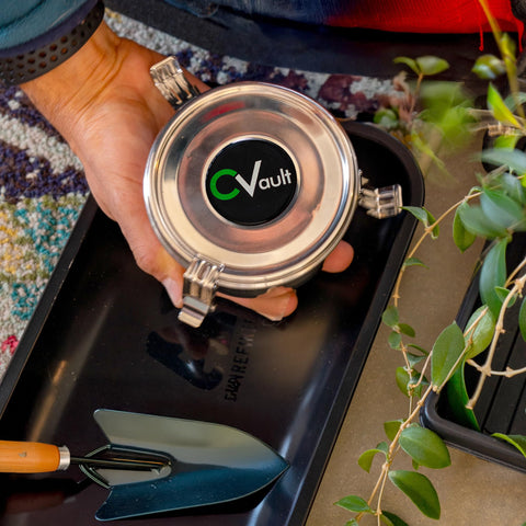 CVAULT portable travel design shown for on-the-go storage of small essentials.