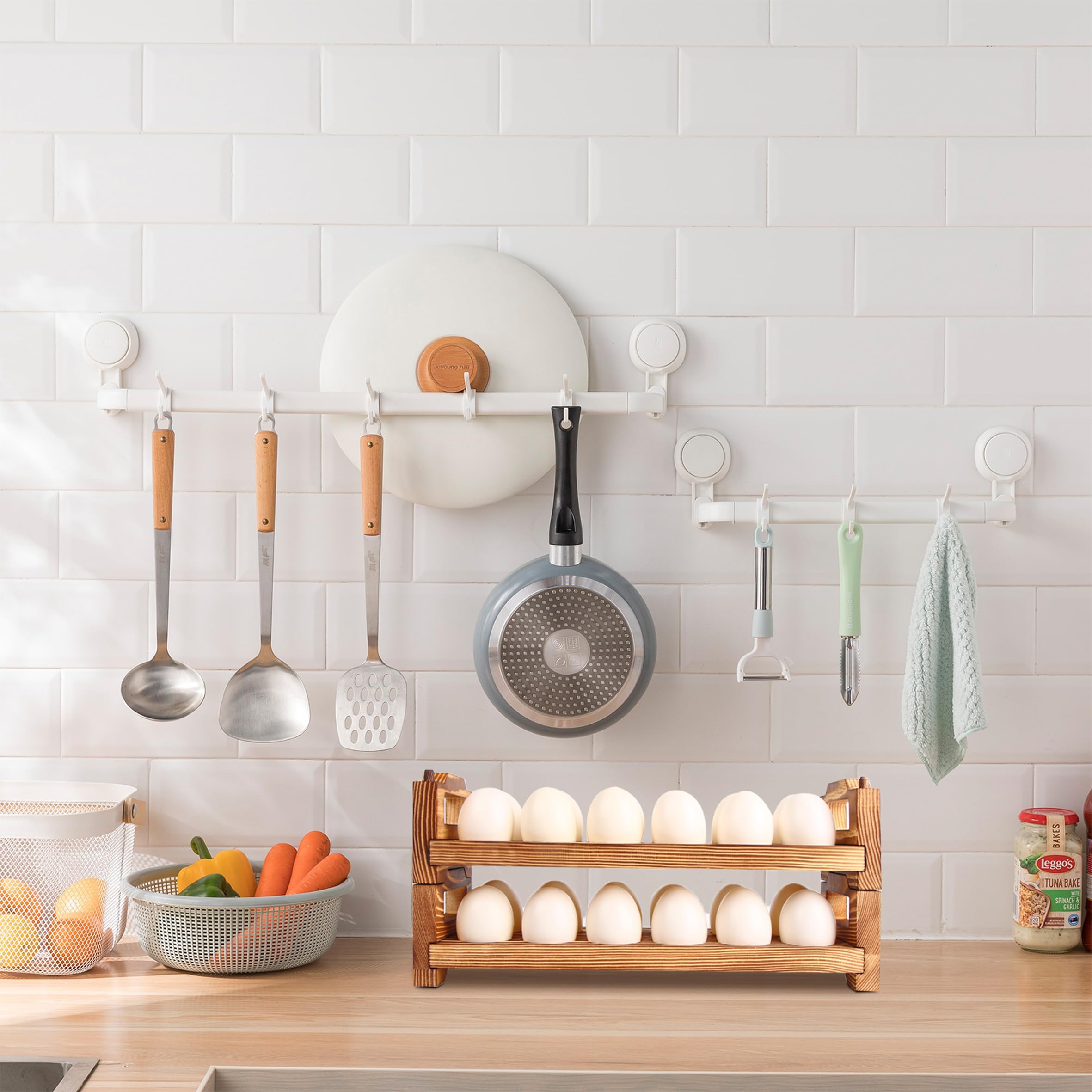 CVHOMEDECO stackable egg rack with handles for easy transport.