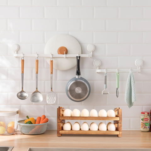 CVHOMEDECO stackable egg rack with handles for easy transport.