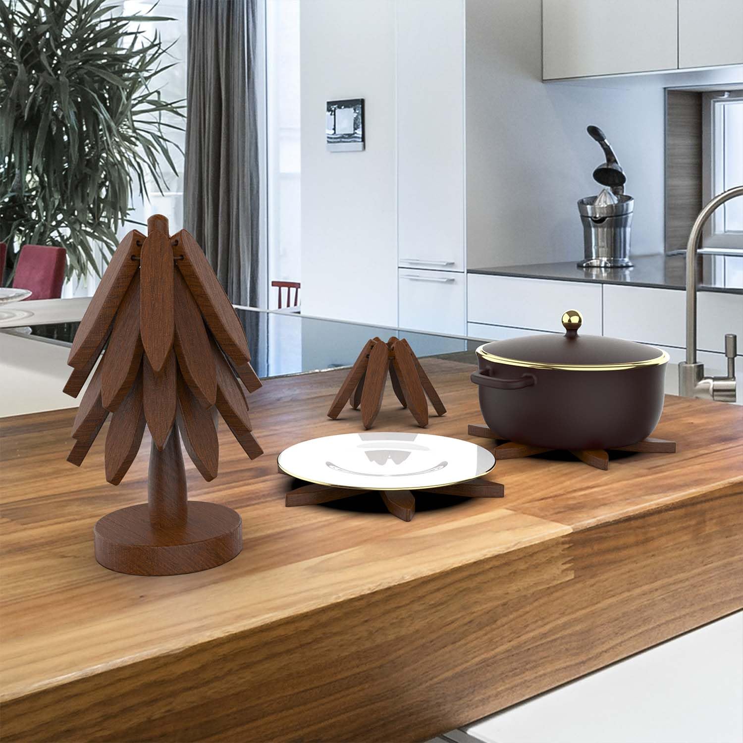 CYANLUX tree-shaped trivet with stand and four trivets arranged neatly