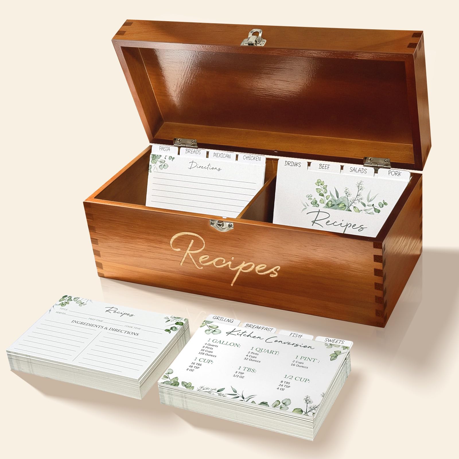 CYAOOI large wooden recipe box lid with stainless steel hinges for smooth daily use.