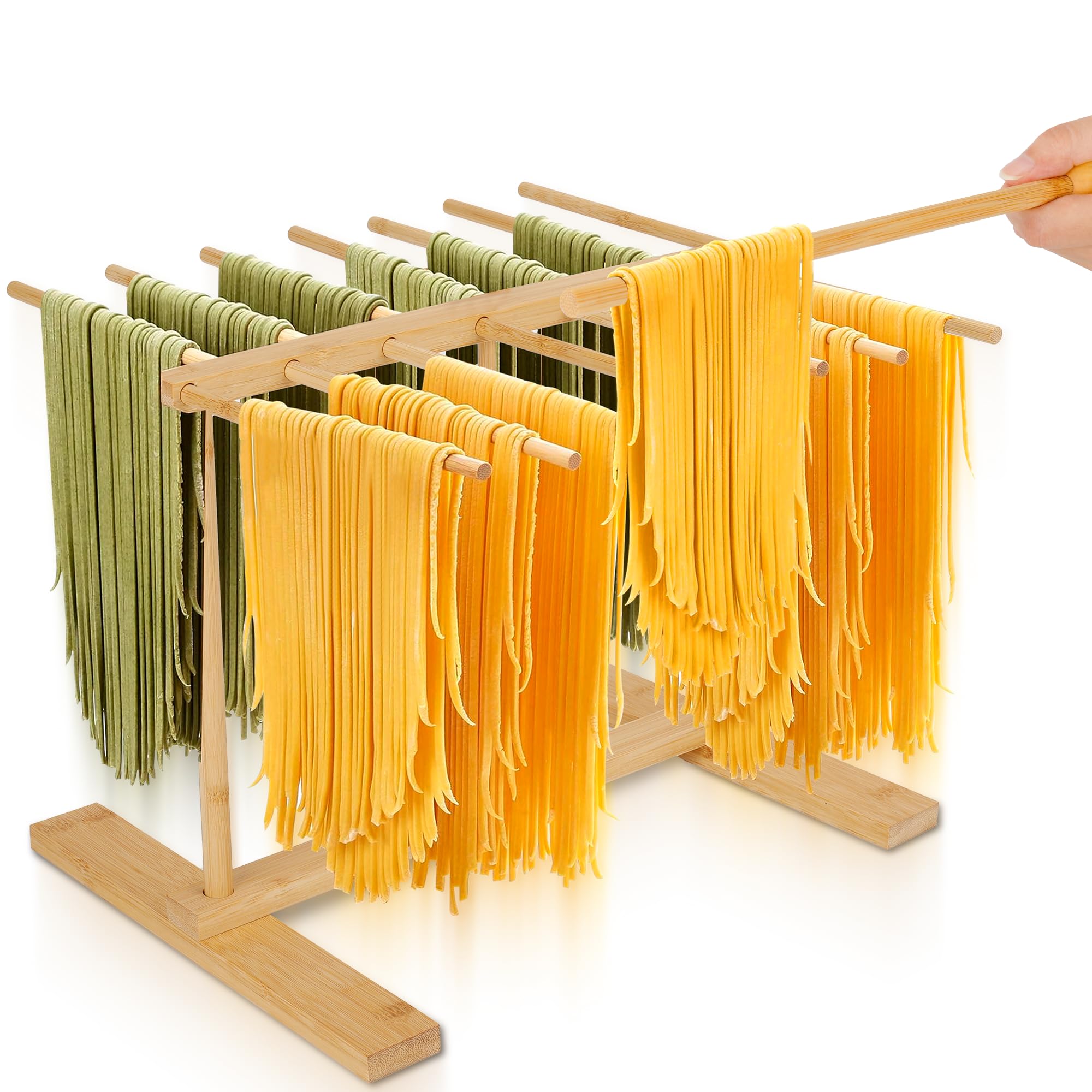 CycForge bamboo pasta drying rack with 14 rods for efficient air-drying.