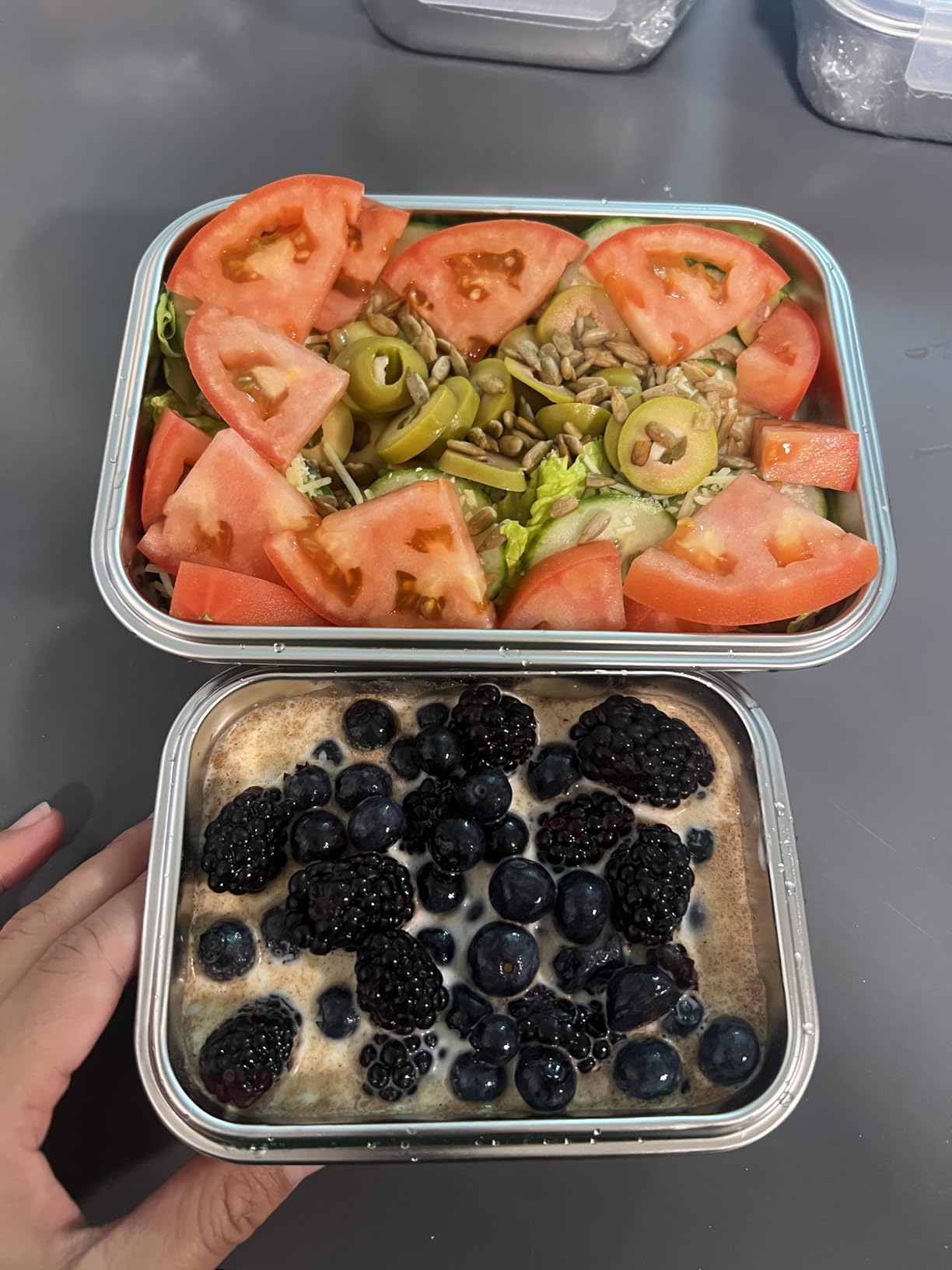 Cykorxicc stackable square containers save fridge space.
