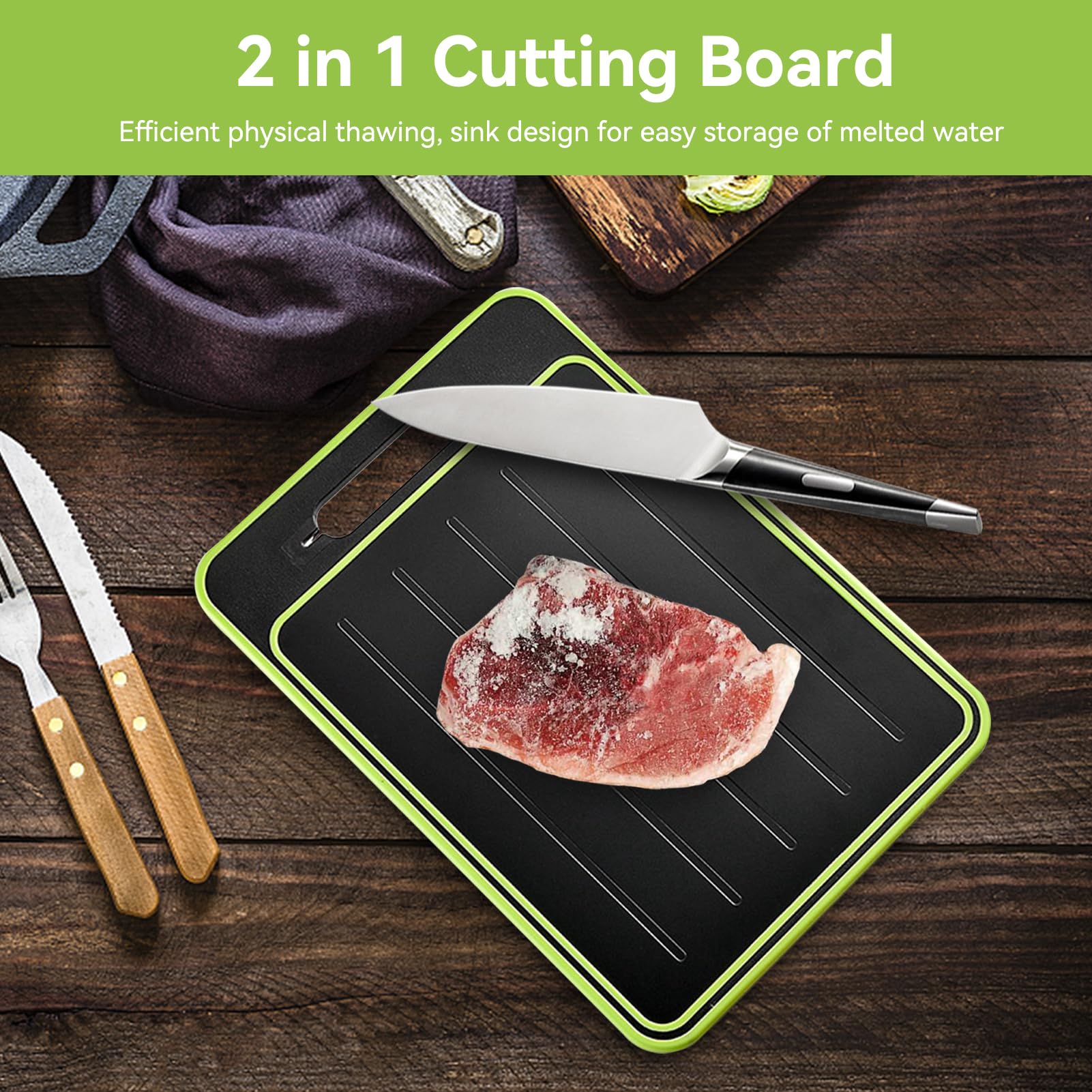 Cyrank defrosting tray with embedded knife sharpener supports precise knife maintenance during prep.