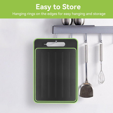 Cyrank plastic cutting board with defrost tray aids fast thawing and cleanup.