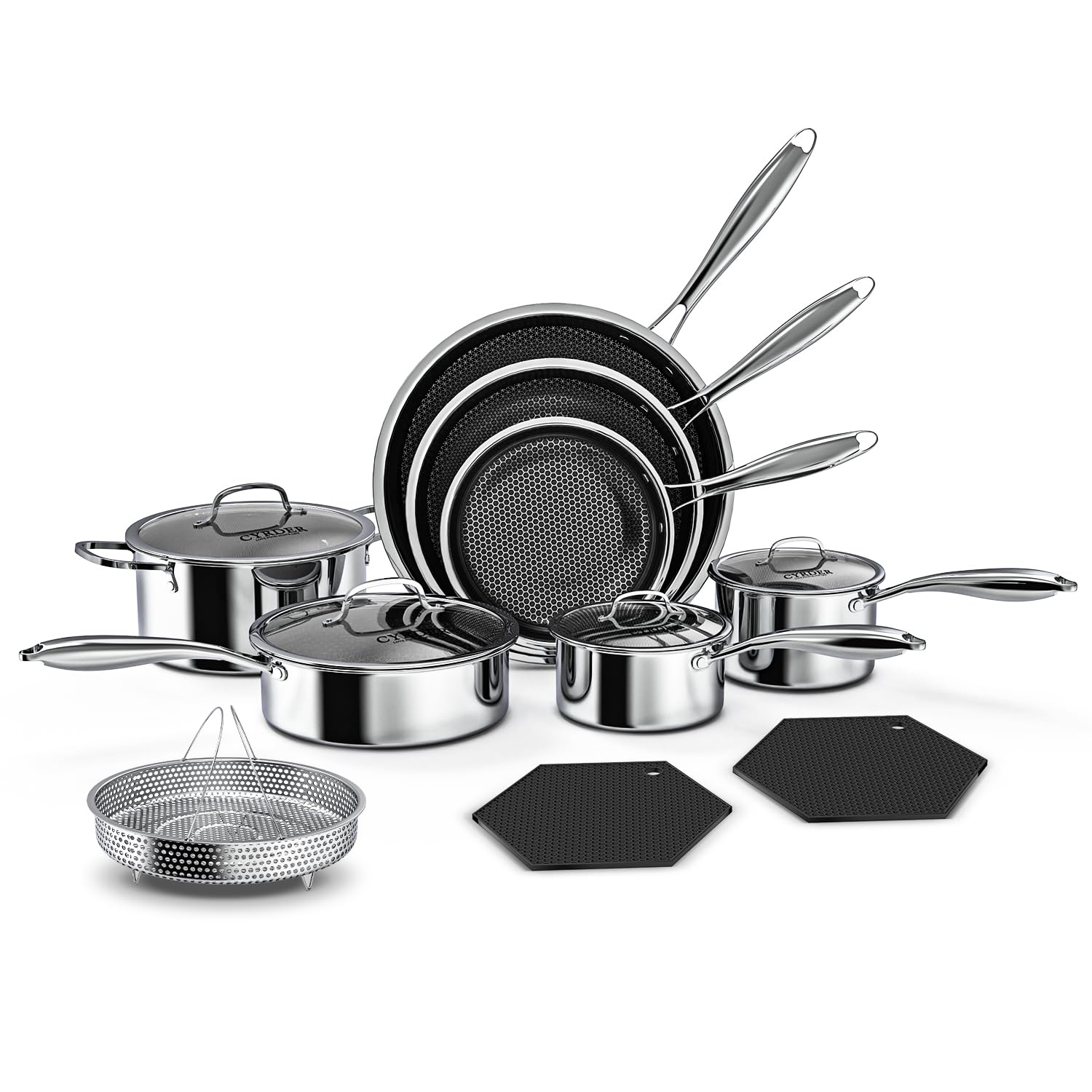 Cyrder 14-piece nonstick set assembled for versatile cooking on the stove
