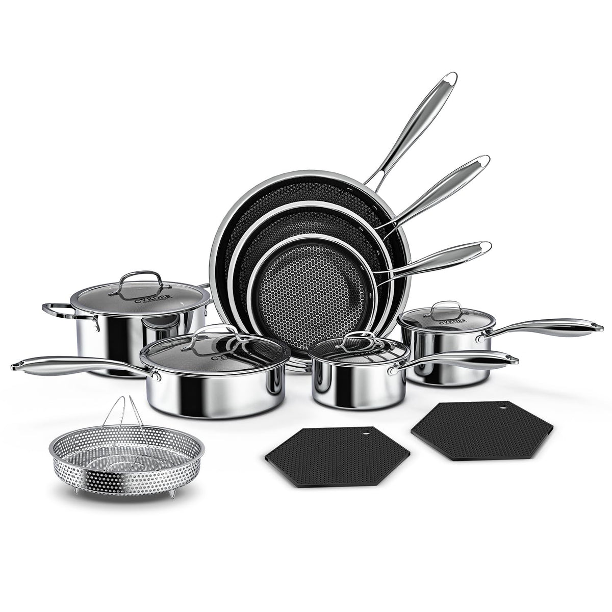 Cyrder 14-piece nonstick set assembled for versatile cooking on the stove