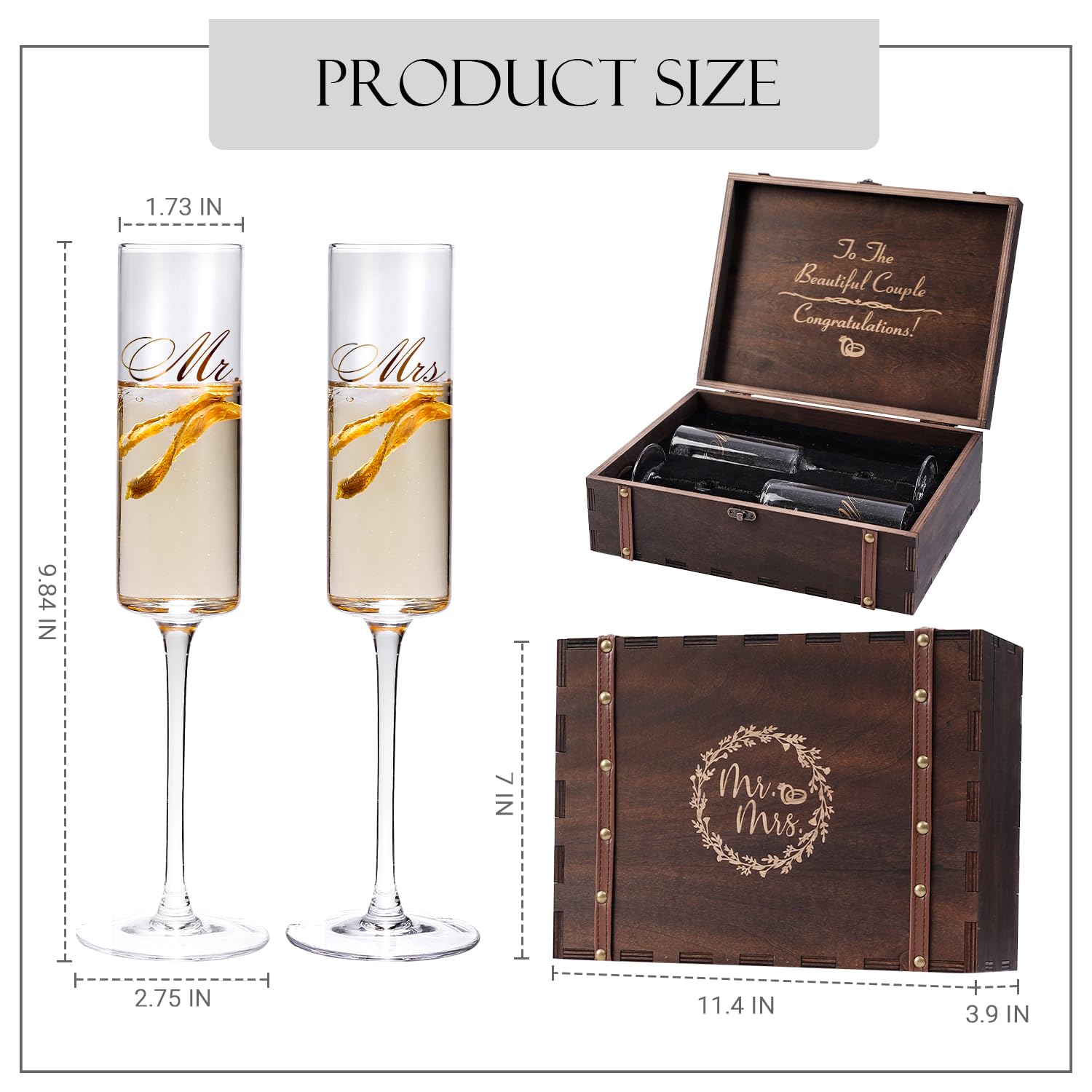 Cyrelwing bride and groom champagne glasses for special occasions.