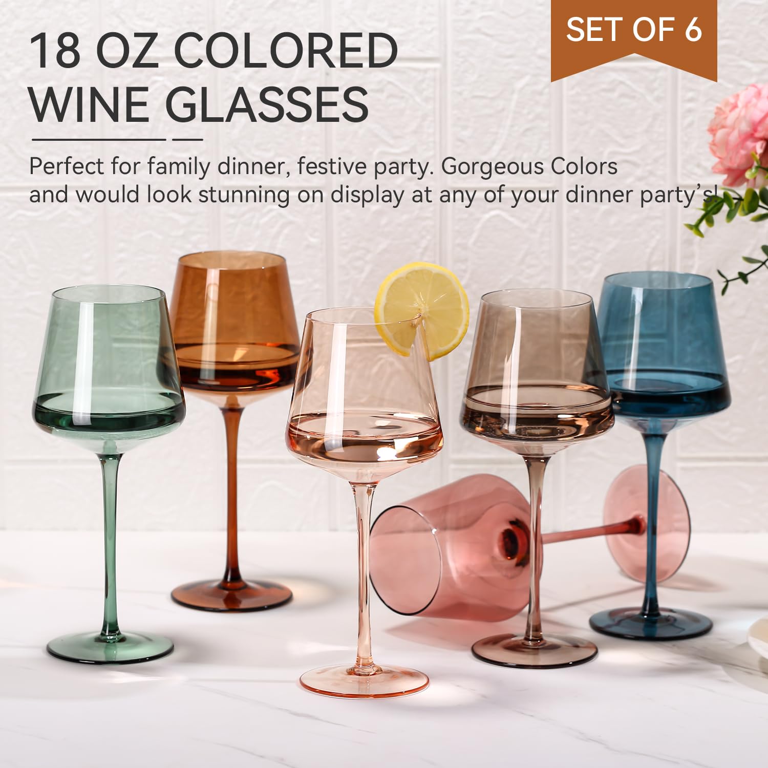 Cyrelwing hand-blown crystal wine glasses with multicolor stems, ideal for stylish entertaining.
