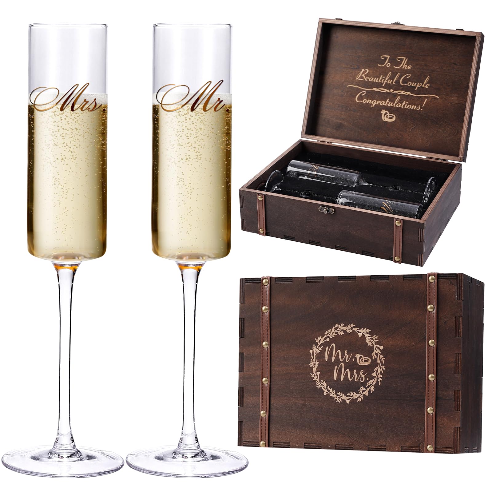 Cyrelwing wedding champagne flutes display Mr. and Mrs. for elegant toasts.