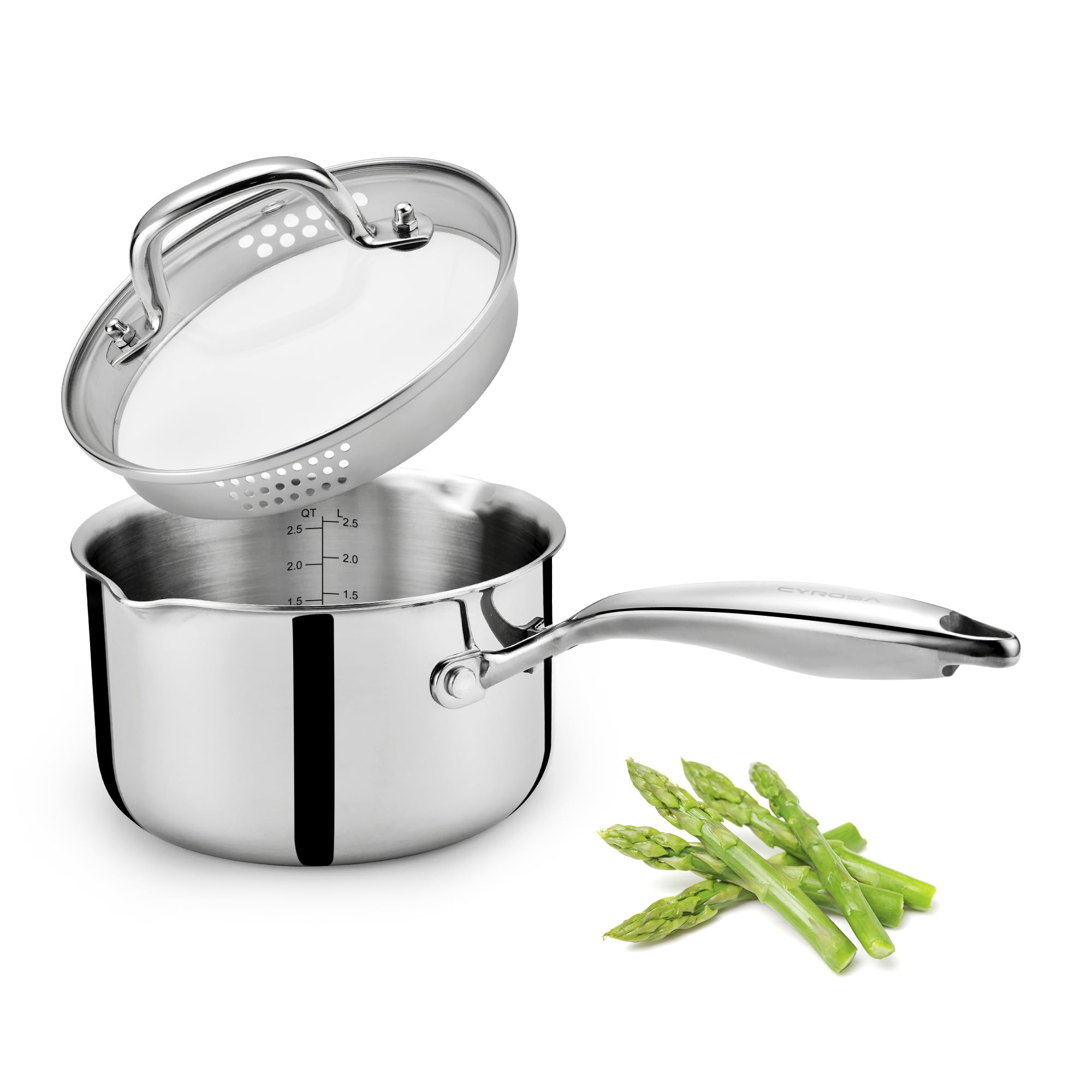 Cyrosa saucepan with lid and strainer for easy draining on the stovetop.