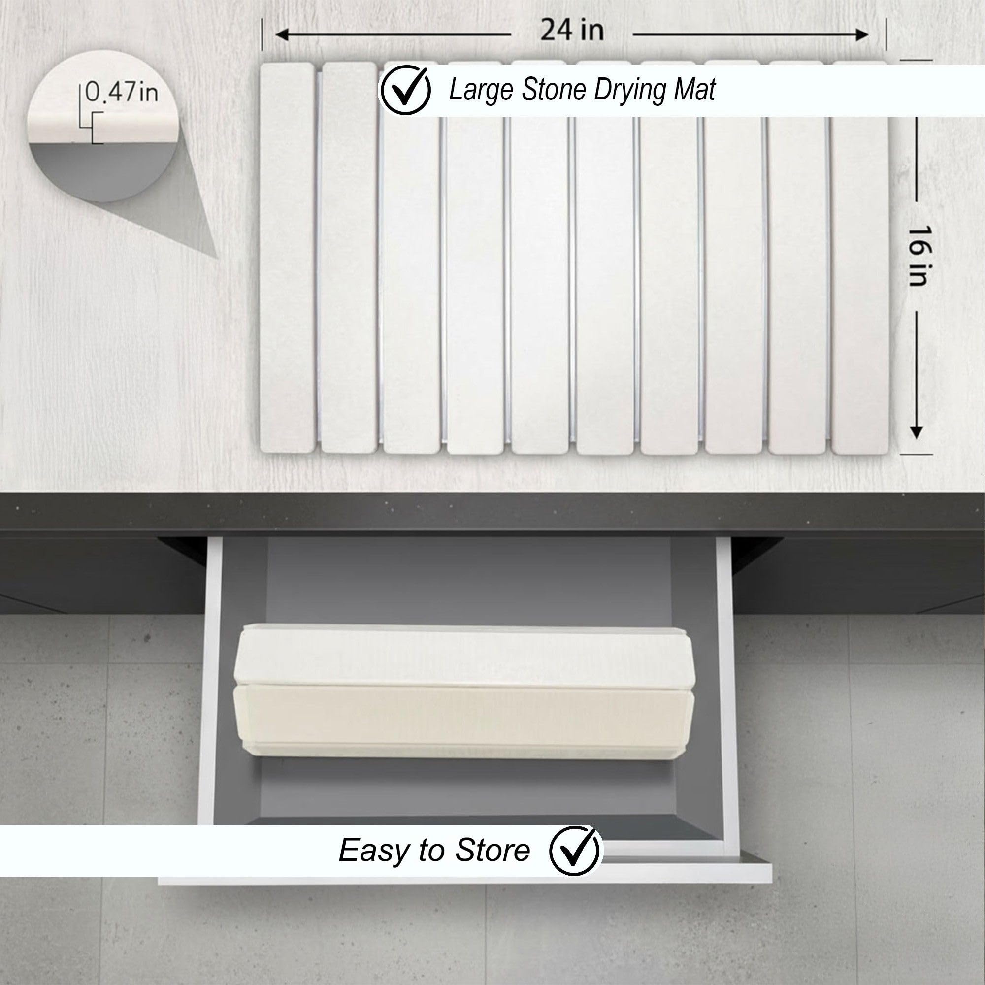 CYROXIS foldable drying mat shown folded flat, saving cabinet space between uses.