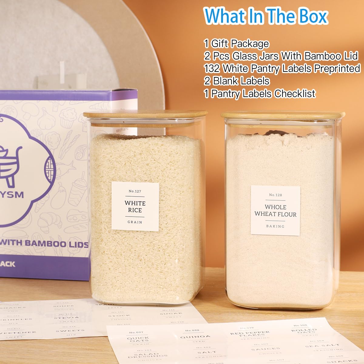 CZDYSM pantry labels applied to jars for organized ingredients
