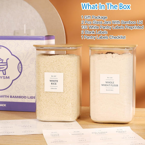CZDYSM pantry labels applied to jars for organized ingredients