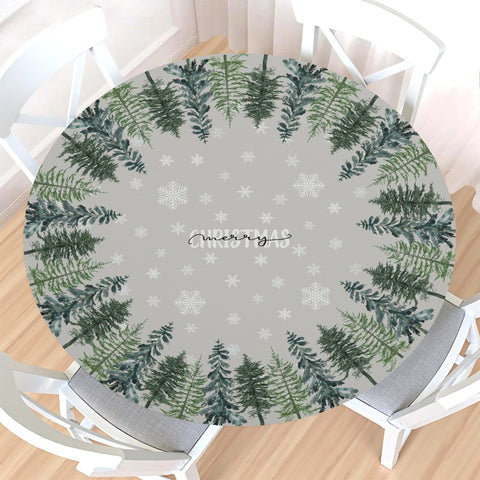 Czeservior Christmas round tablecloth with elastic edge securing a snug fit on a festive table