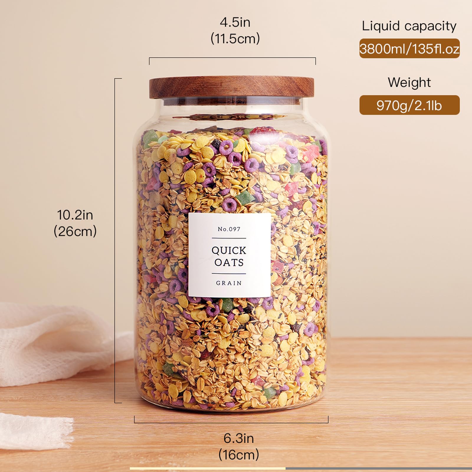 CZHQSMZ 1-gallon glass sugar container with bamboo lid for freshness and organization.
