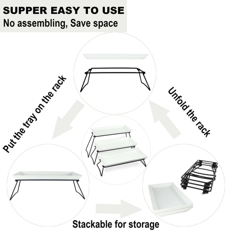 Czlizdyt white melamine platters stacked for a festive buffet.