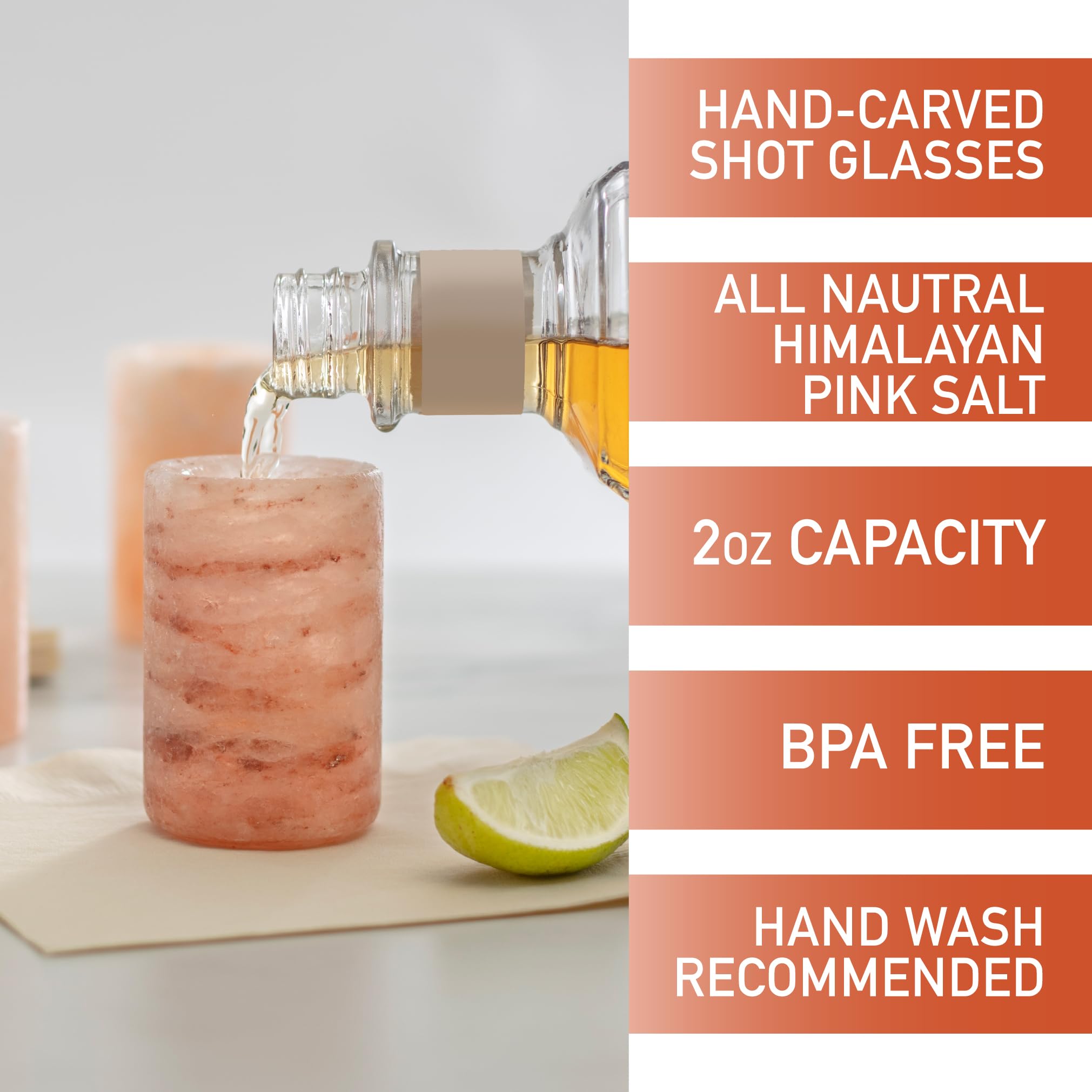 Close-up of hand-carved pink salt glasses showing natural color variation.