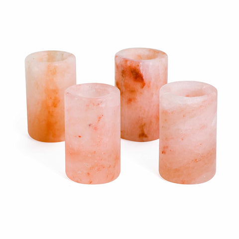 Elegant, rustic D'Eco pink salt shot glasses on display.