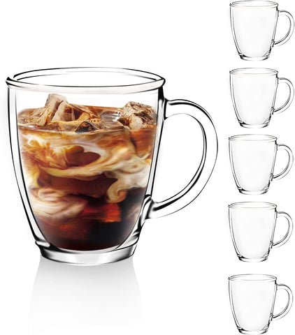 D.M DESIGN MASTER 6-pack glass coffee mug with clear 12oz capacity for hot drinks.