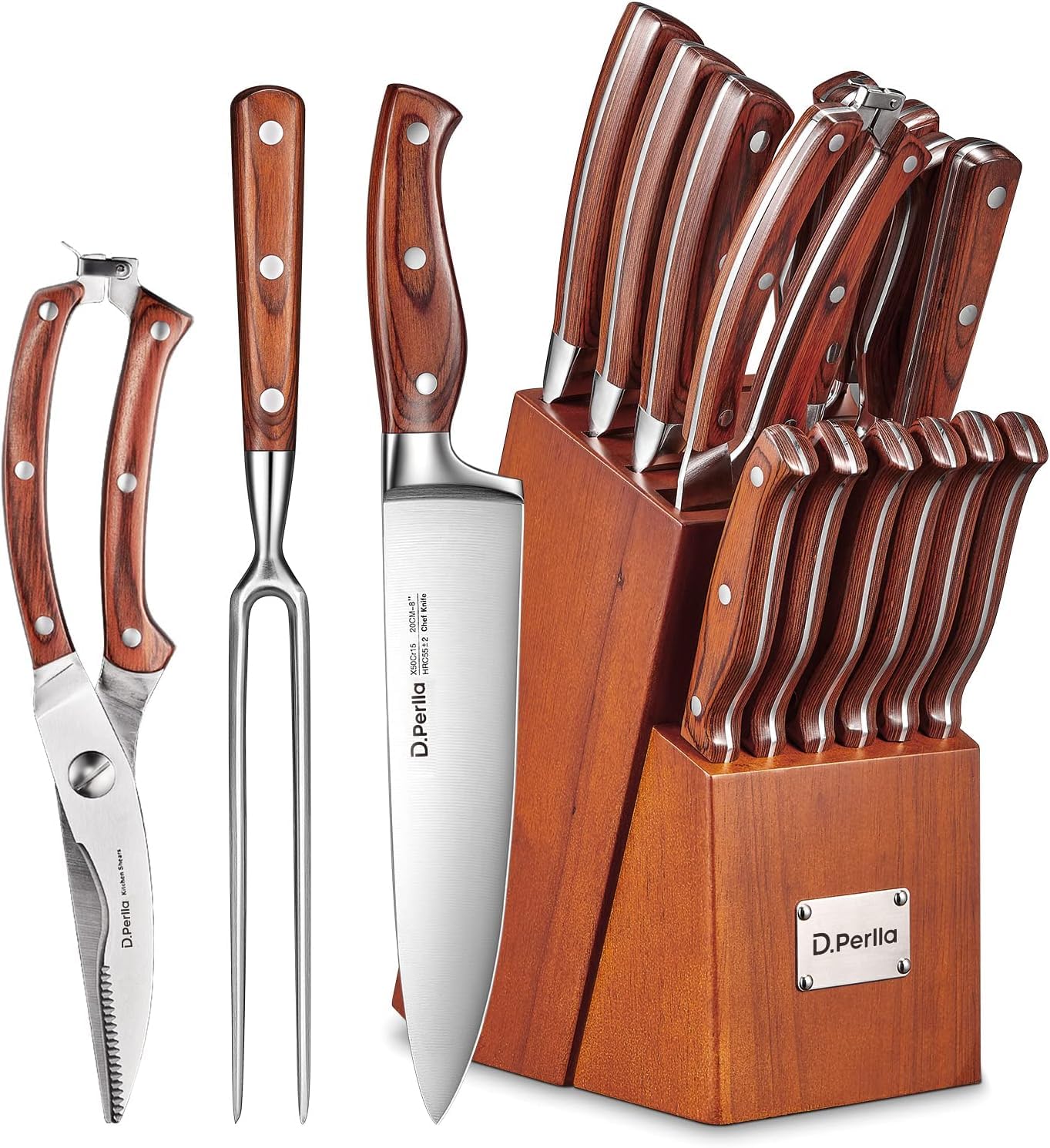 D.Perlla 16-piece knife set arranged in acacia wood block, ready for daily use and storage.