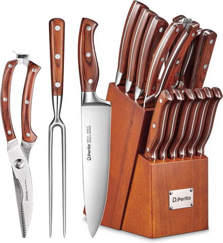 D.Perlla 16-piece knife set arranged in acacia wood block, ready for daily use and storage.