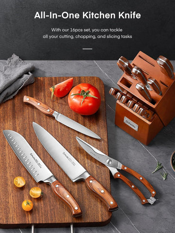 D.Perlla knife sharpener included for maintaining blade edges between uses.