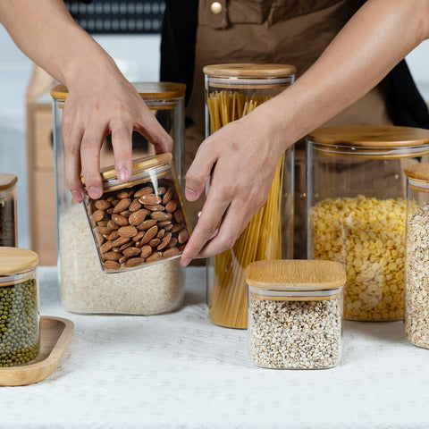 D2scrma multi-use glass jar with bamboo lid for bathroom and kitchen.