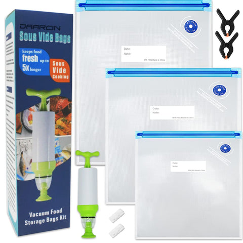 Daarcin sous vide bags 20-pack kit, clear and reusable for freezer storage.