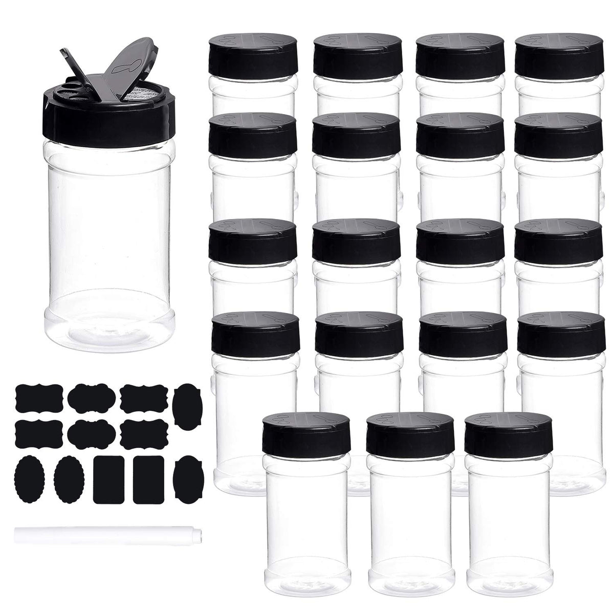 Dabacc 7oz clear spice bottles with lids for organized pantry storage