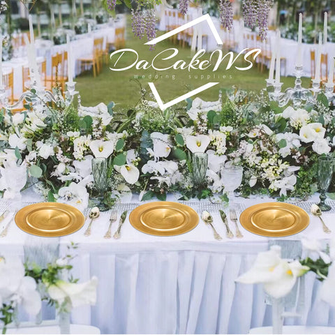 DaCakeWS coral reef texture charger detail adds festive shine for weddings and formal dinners