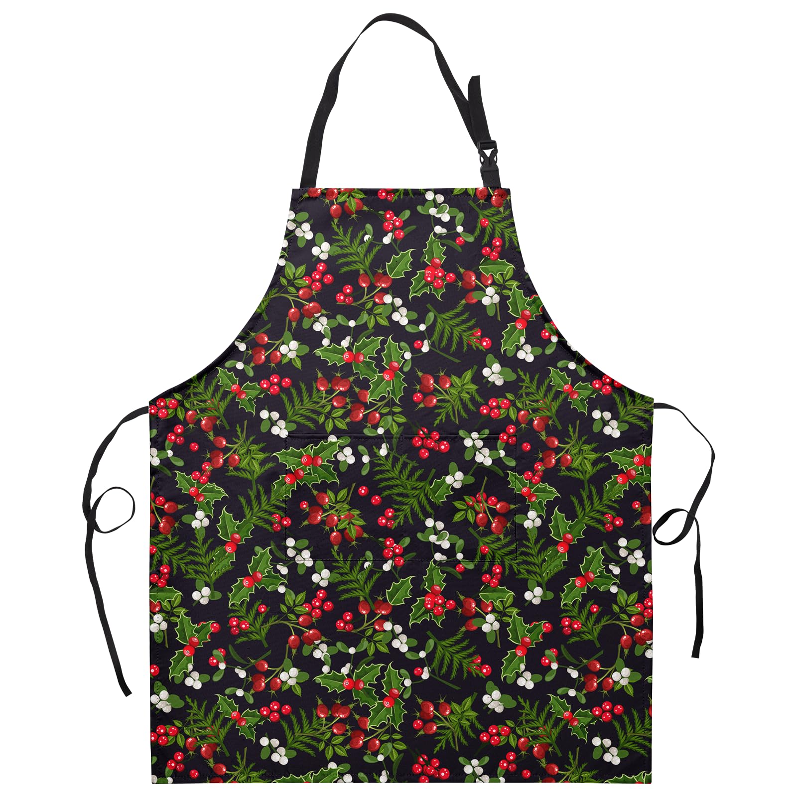 Dacawin Christmas apron with holly berries on black fabric for festive kitchen vibes