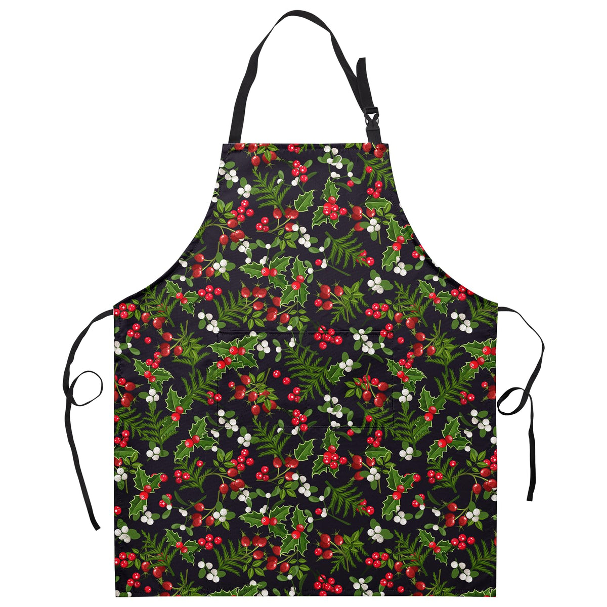 Dacawin Christmas apron with holly berries on black fabric for festive kitchen vibes