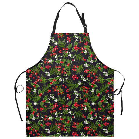 Dacawin Christmas apron with holly berries on black fabric for festive kitchen vibes