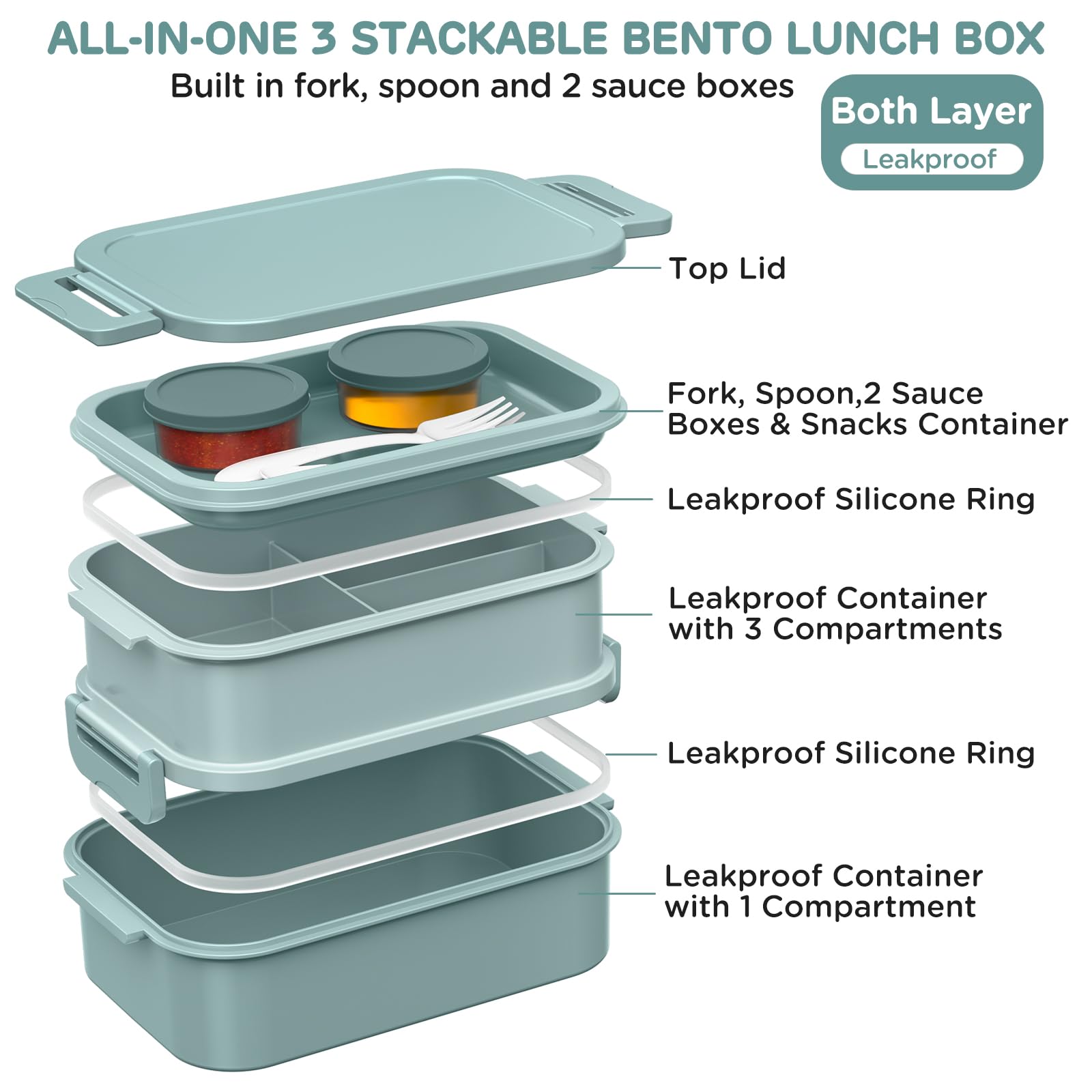 DaCool lunch box built-in sauce containers and utensils for mess-free dining
