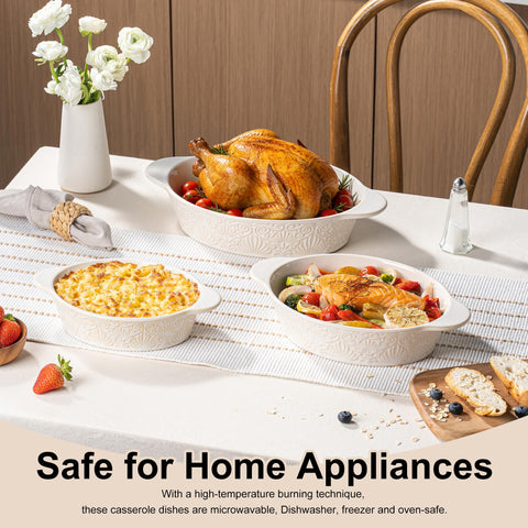 Dafuceramic kiln-glazed relief pattern adds elegance to servings.