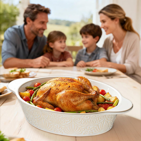 Dafuceramic bakeware suits lasagna, roasts, and vegetable dishes.