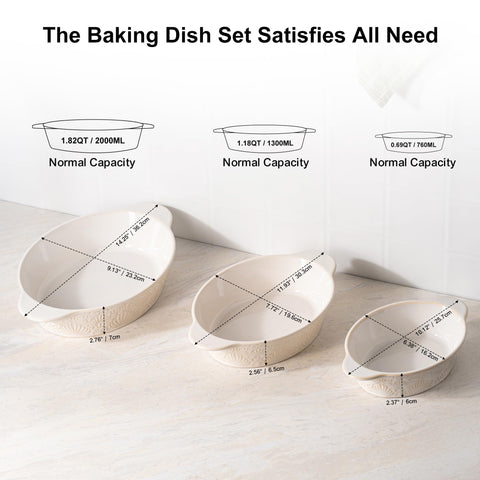 Dafuceramic oval baking dishes with built-in handles for easy transport.