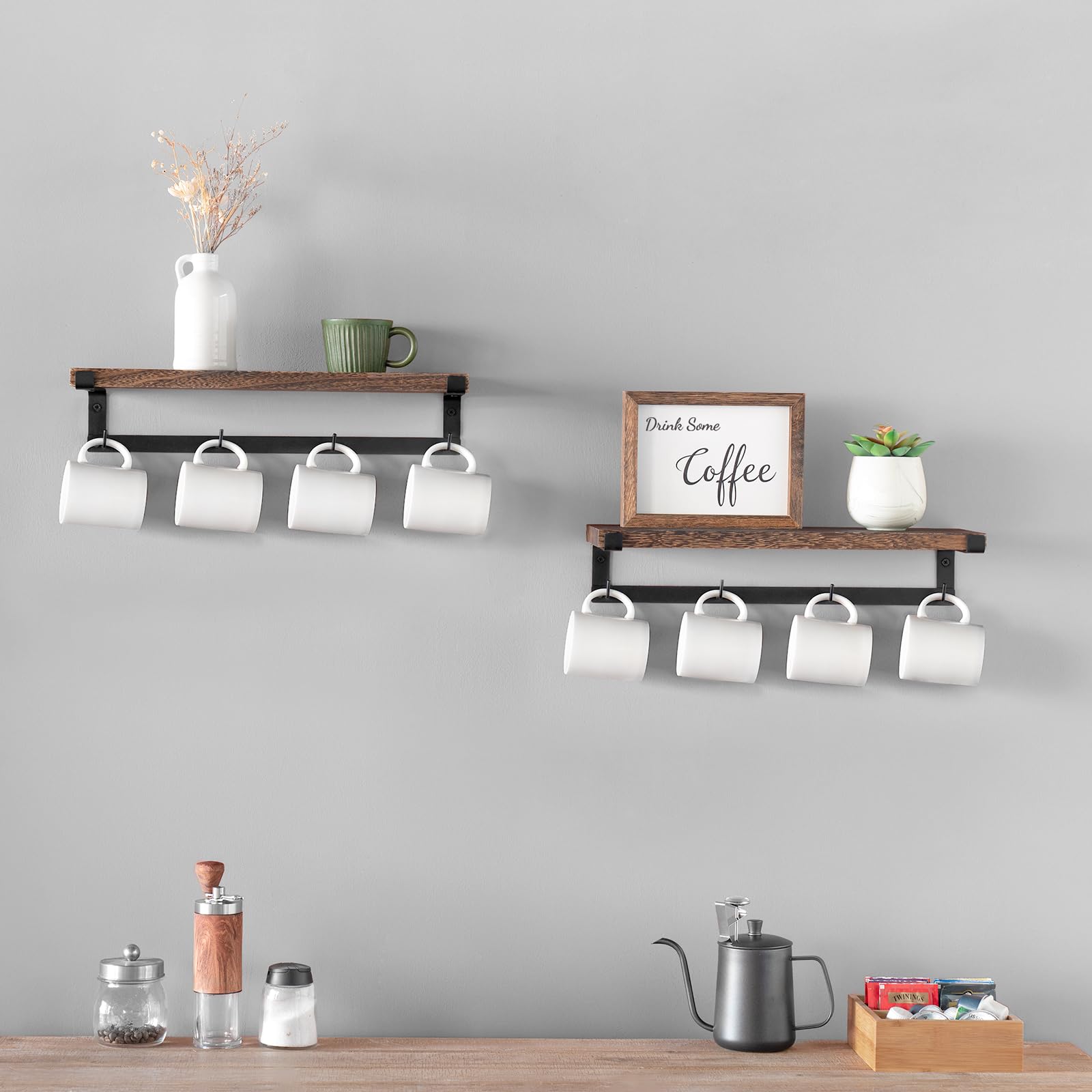 Dahey rustic floating shelf highlights mugs or spices in kitchen.