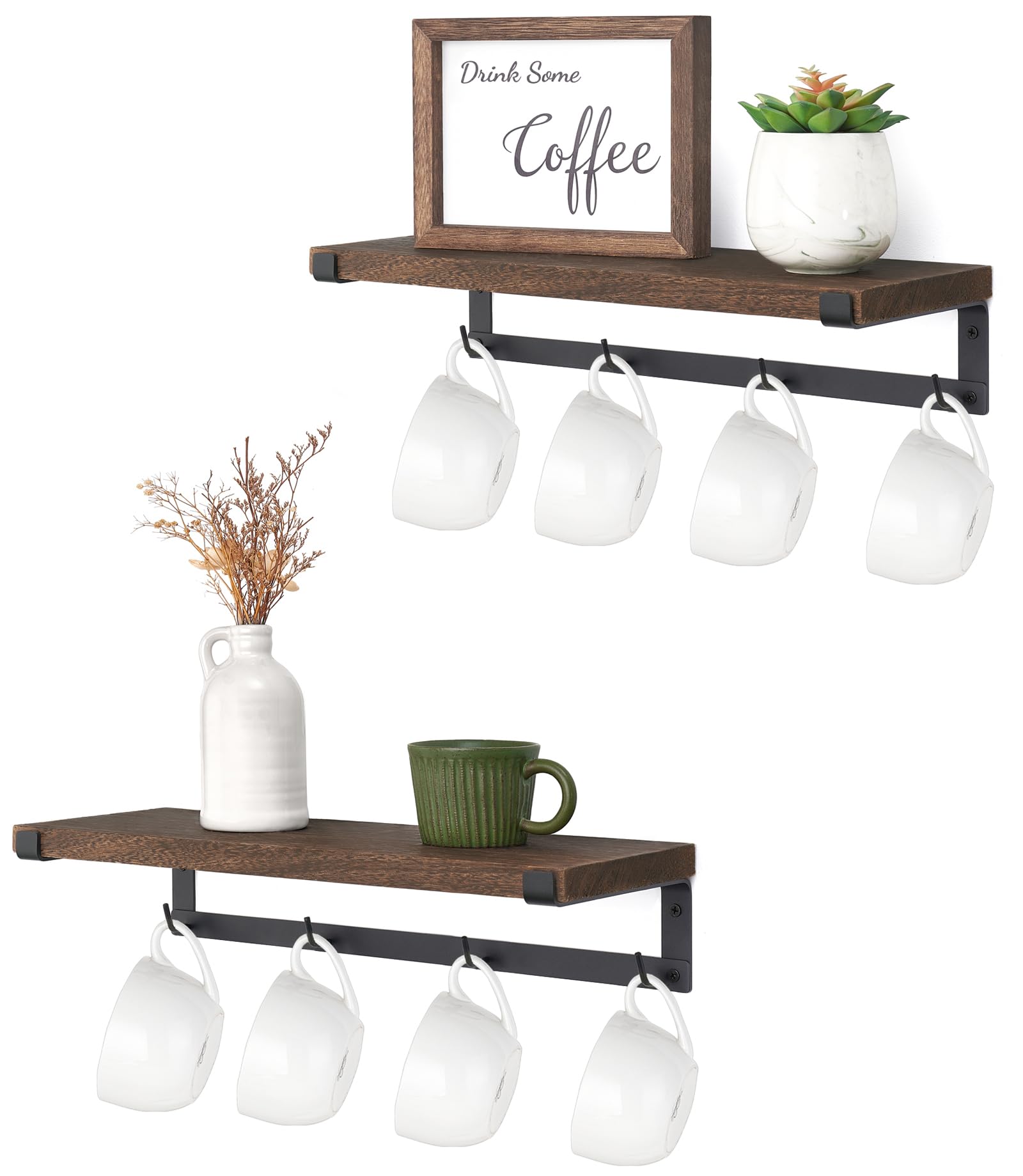 Dahey wall-mounted mug rack with hooks displays mugs and frees cabinet space.