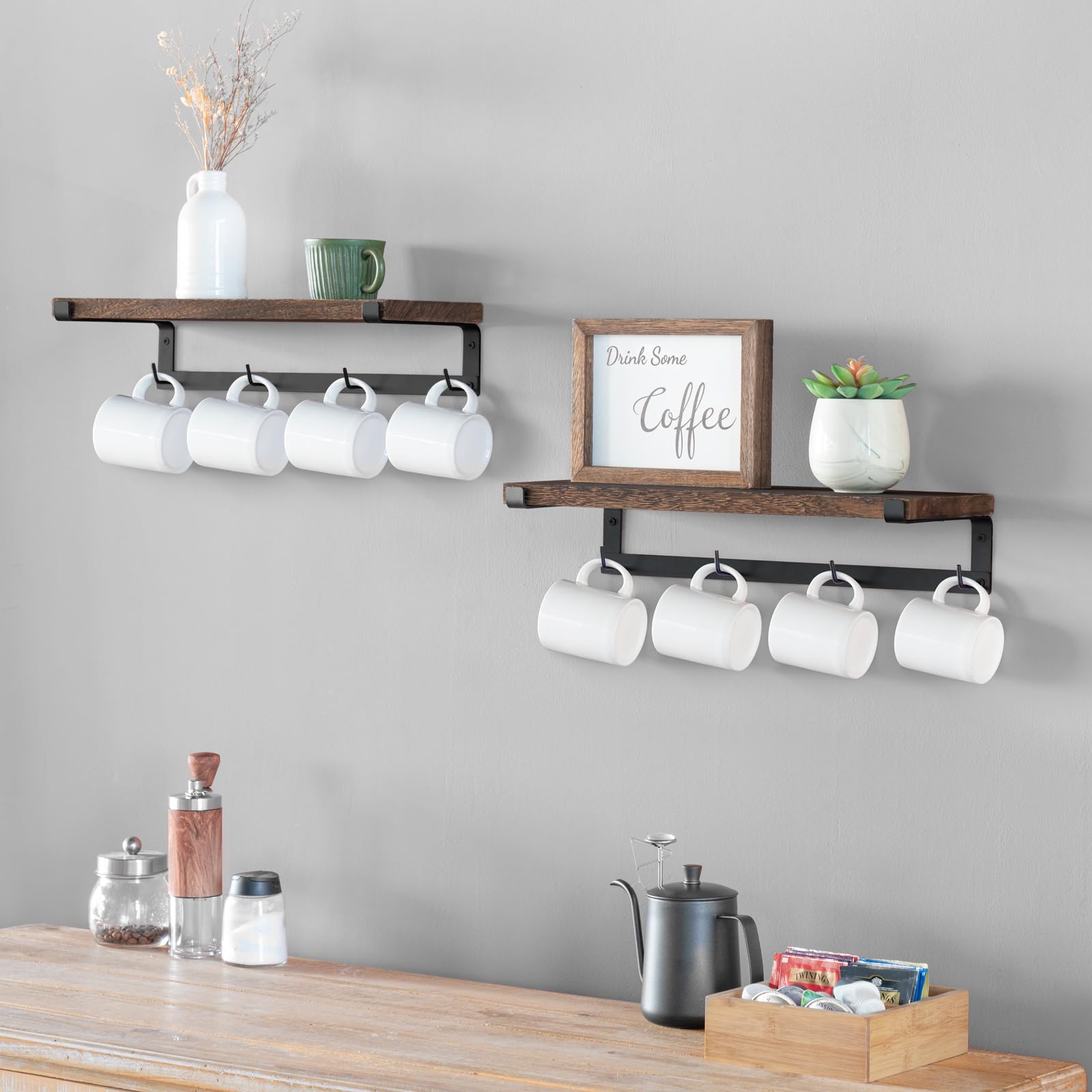 Dahey mug hooks keep utensils organized on a stylish wall unit.