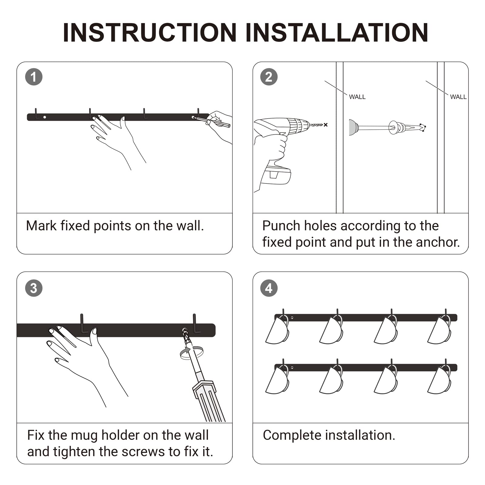 Dahey easy-install mug rack designed for under-cabinet mounting.