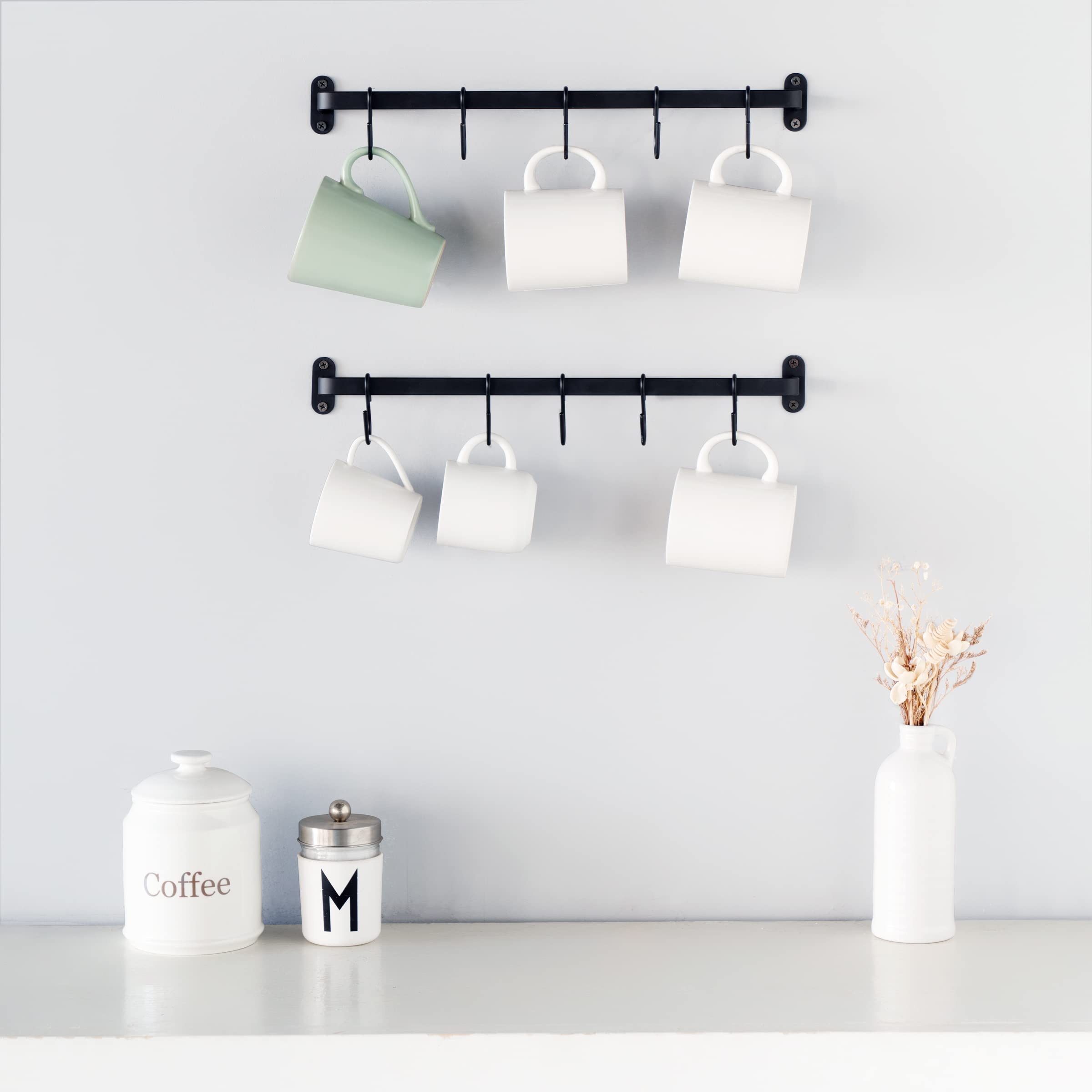 Dahey rustic black mug display rack adds warm decorative touch to dining spaces.