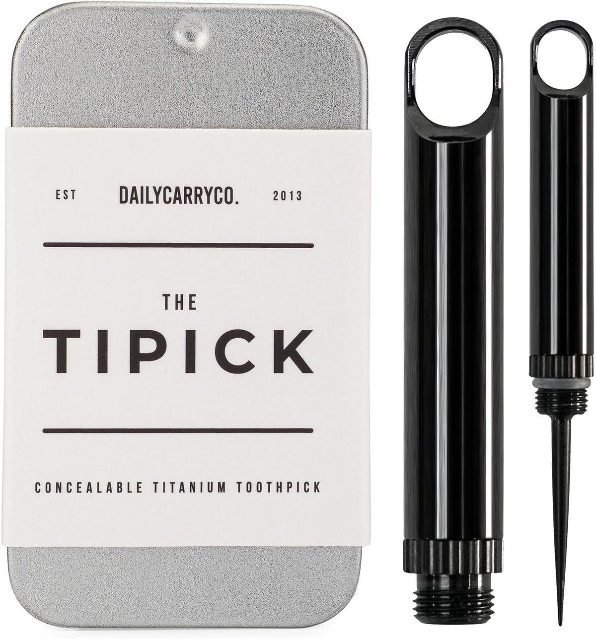 DAILYCARRYCO TiPick titanium holder closeup for durable travel hygiene.
