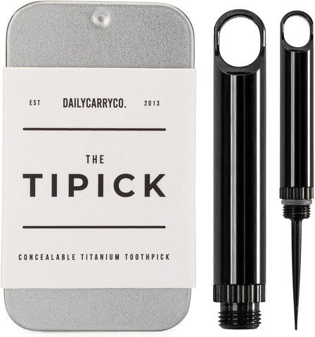 DAILYCARRYCO TiPick titanium holder closeup for durable travel hygiene.