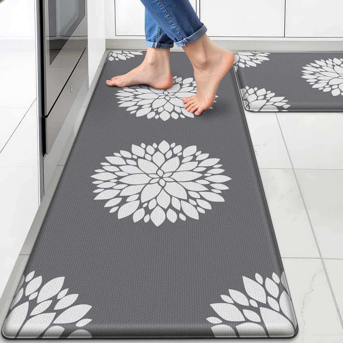 DailyCuddles kitchen mat 2pcs setup in grey for comfortable standing while cooking.