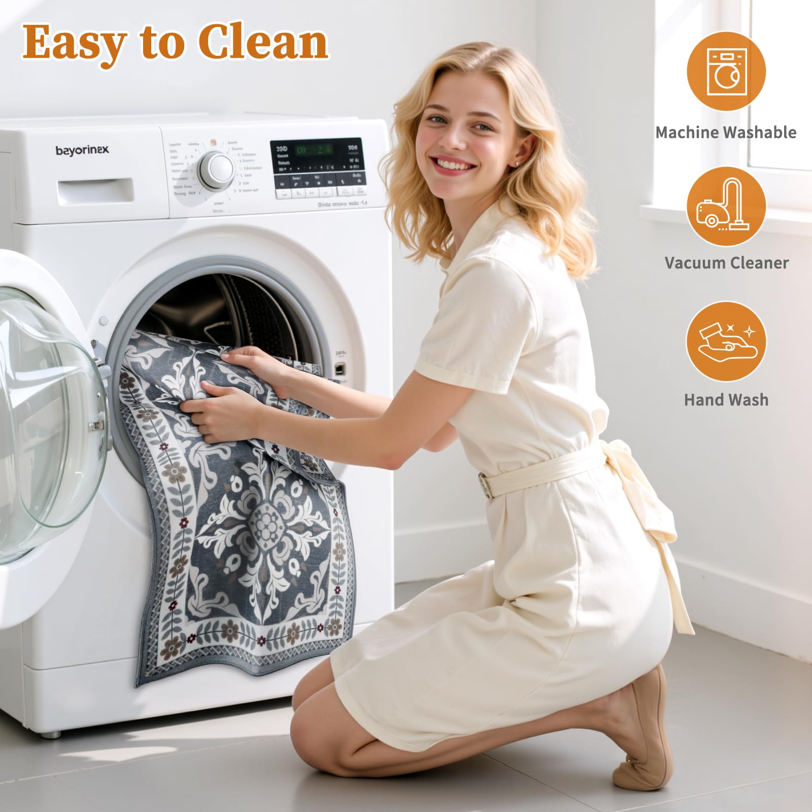 DailyCuddles washable kitchen mat is machine washable for quick cleanup.