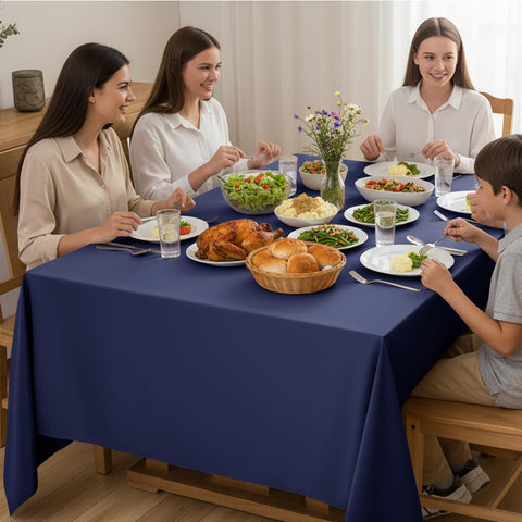 Dailyset navy rectangle tablecloth creates a crisp wrinkle-free surface