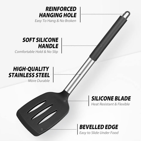 DaiRen Kitchen silicone slotted spatula protects cookware while flipping.