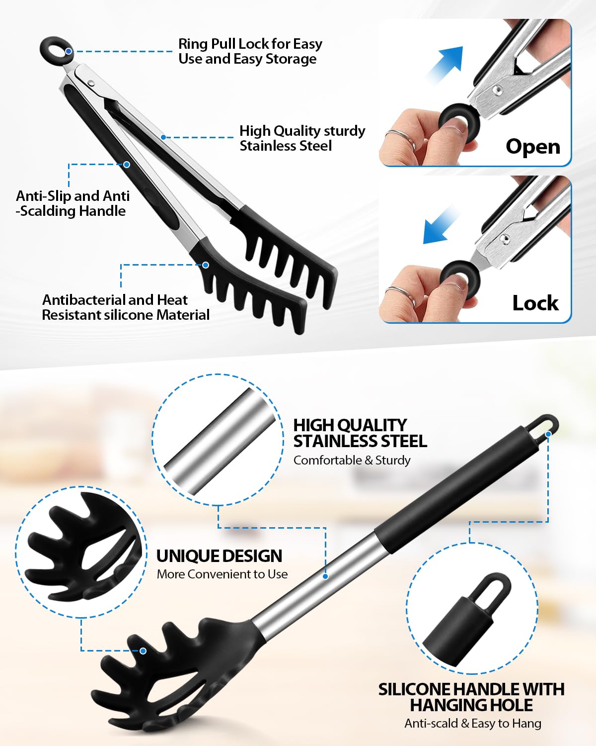 DaiRen Kitchen pasta tong with non-stick silicone head for easy serving.